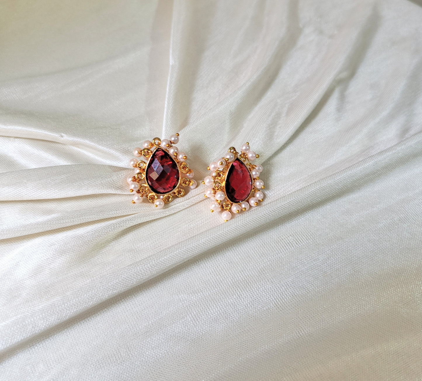 Elegant Ruby Stone Pearl Studs