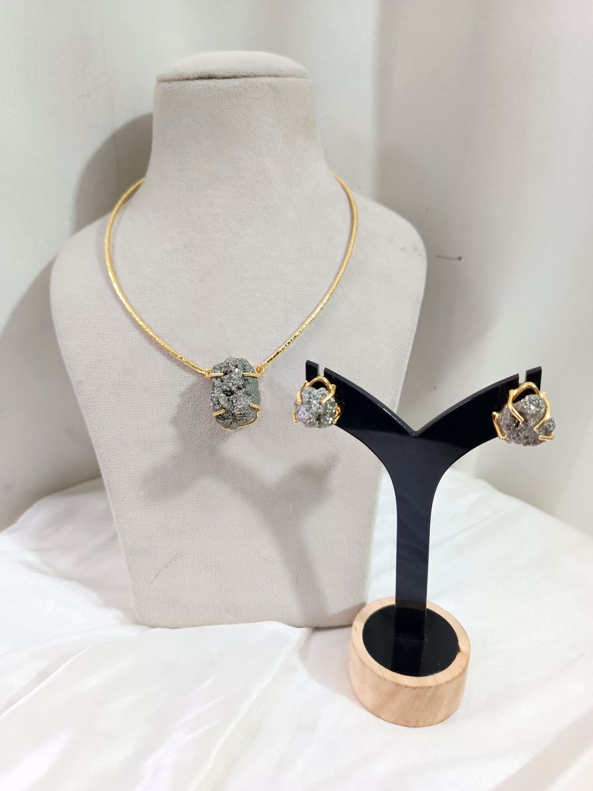 Elegant Natural Pyrite Hasli & Earring Set