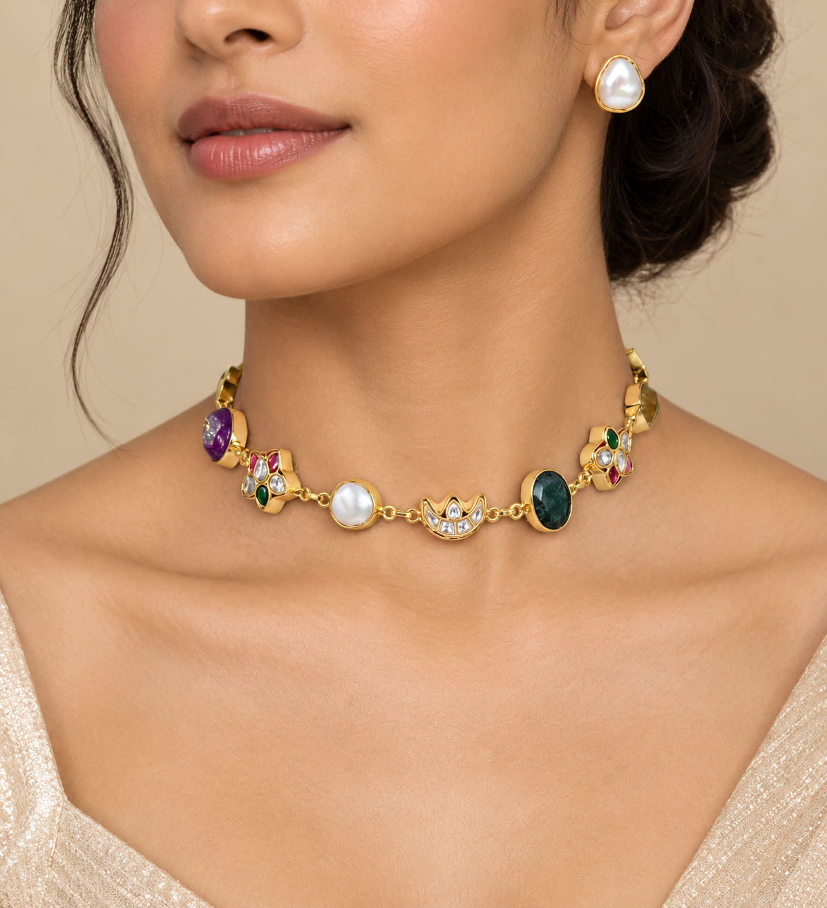 Designer Kundan Gold-Plated Multicolor Stone Choker Set with Pearl Stud