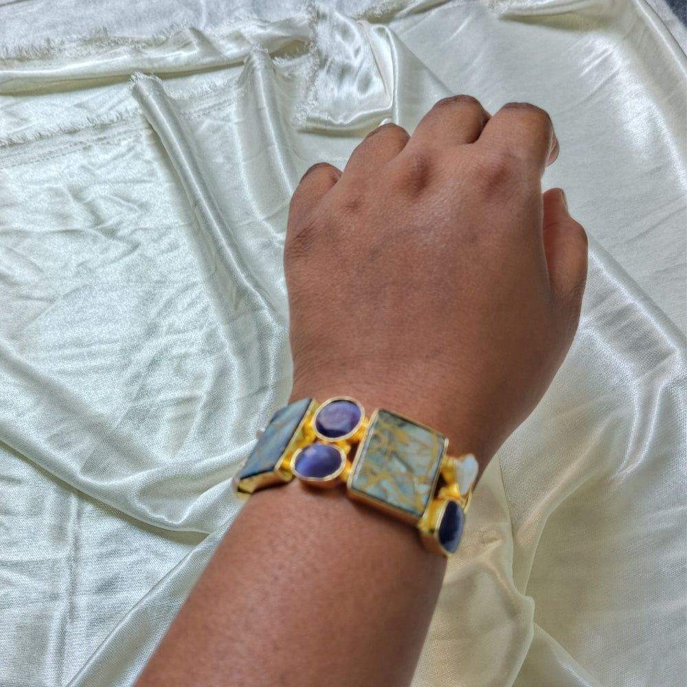 Gold Handcuff Cuff Bracelet with Pearl Accent