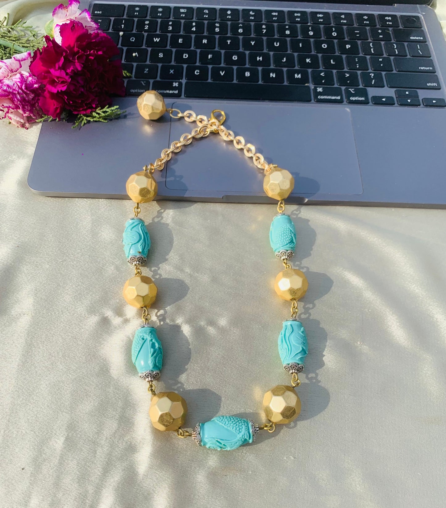 Alternating Turquoise Golden Balls Necklace