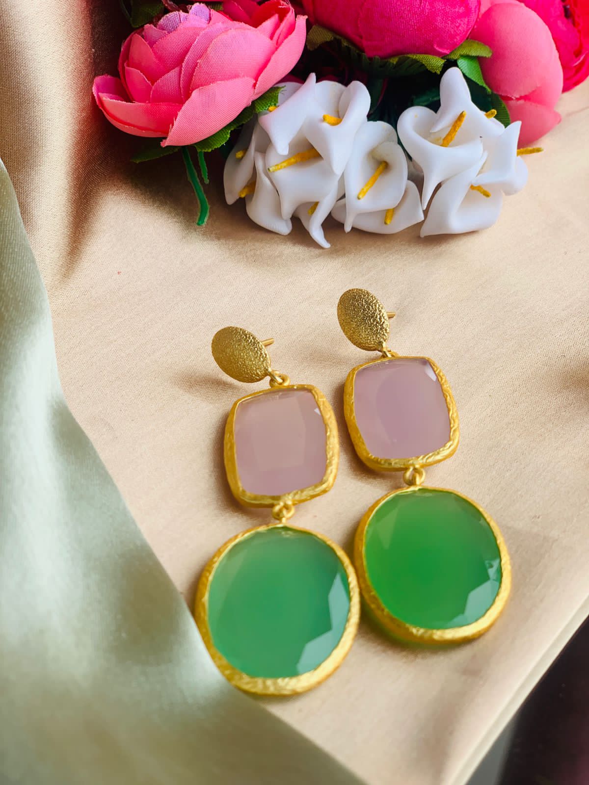 Pink and Green Monalisa Stone Earrings