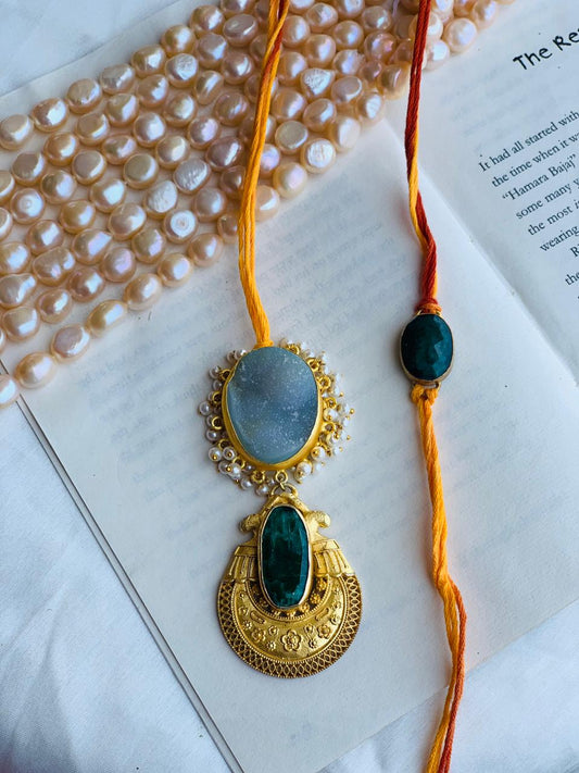White Druzy with Green Stone Couple Rakhi