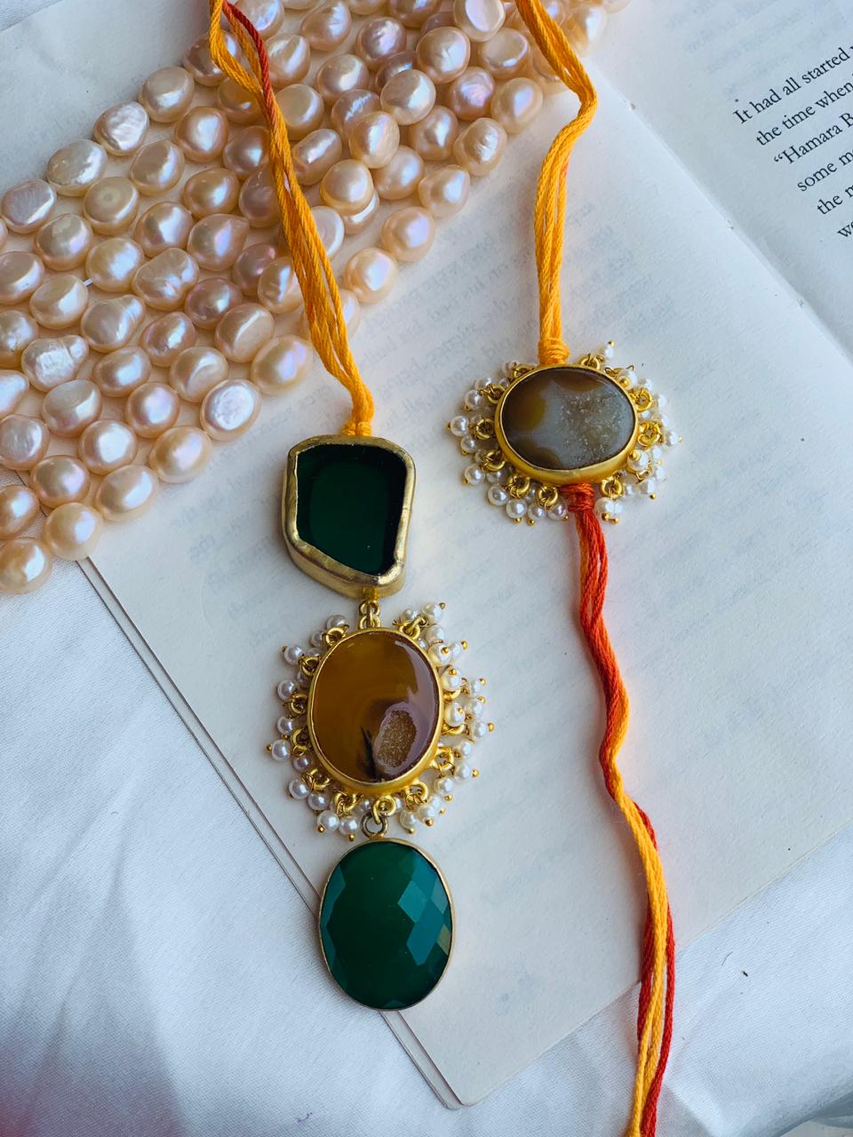 Sugar Druzy with Green Stone Couple Rakhi