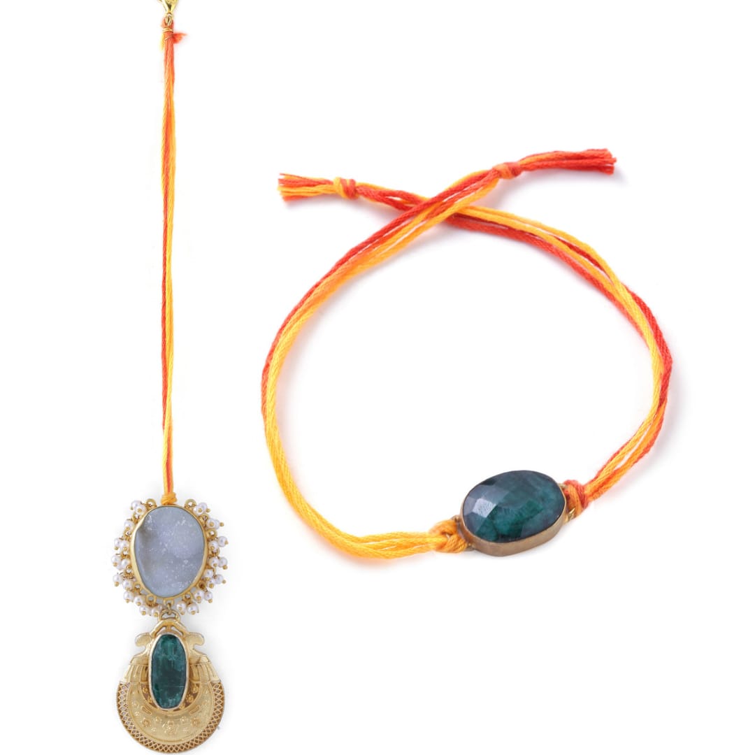 White Druzy with Green Stone Couple Rakhi