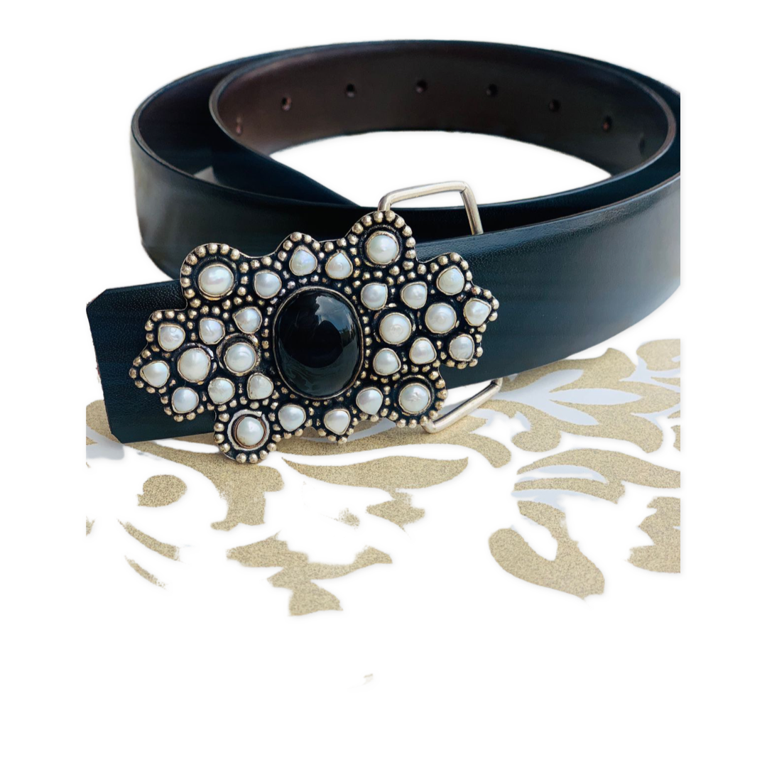 Black Onyx Leather Belt embedded with pearls