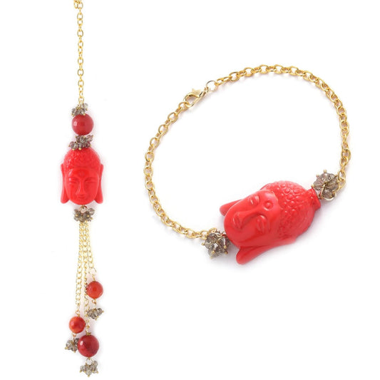 Red Buddha with Coral Couple Rakhi